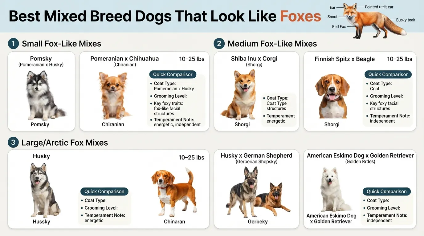 Infographic showing top mixed breed dogs that look like foxes including Pomsky, Shiba Inu mixes, and Corgi mixes with photos, parent breeds, size categories, and key foxy visual features.