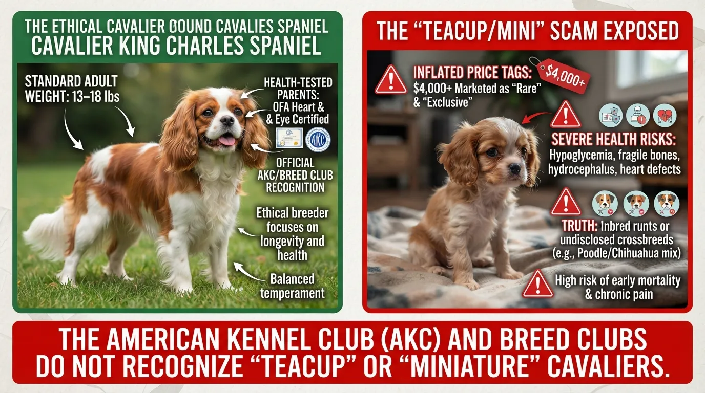 Infographic warning against teacup and mini Cavalier King Charles Spaniel scams, highlighting ethical purebred standards versus unhealthy backyard breeding practices.