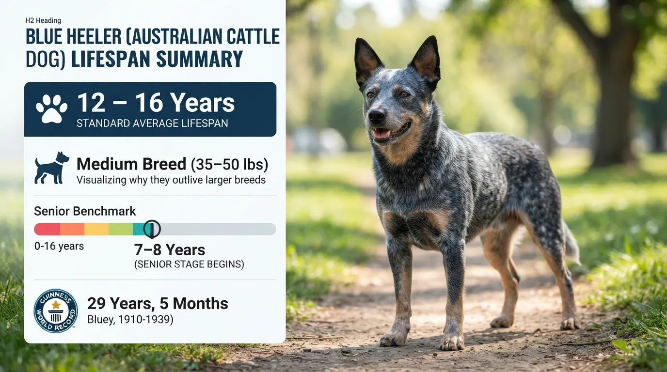 Infographic showing the average lifespan of a Blue Heeler Australian Cattle Dog, comparing their 12 to 16 year life expectancy against standard dog age metrics.
