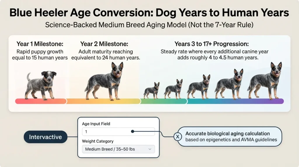 A visual comparison chart and age calculator diagram showing how a Blue Heeler's dog age converts to equivalent human years across different life stages.