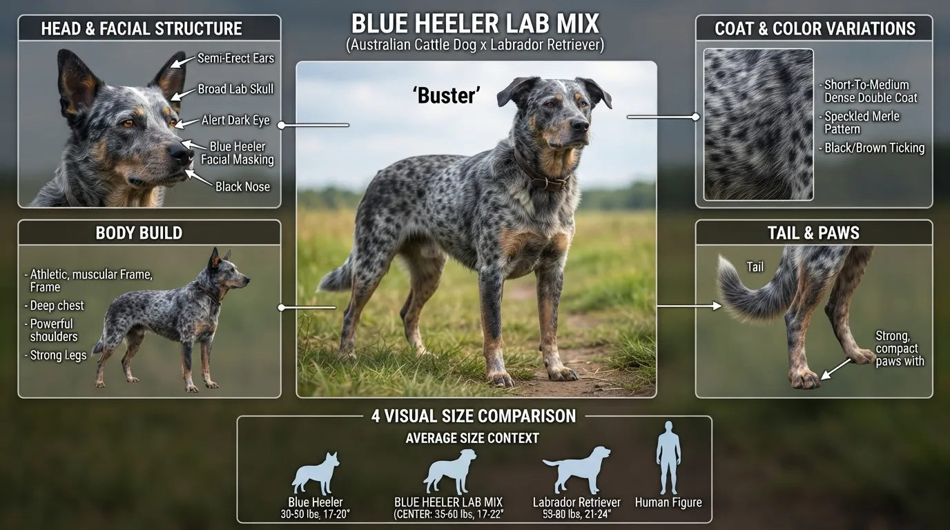 Side-by-side visual breakdown showing the coat pattern, facial features, body build, and size of a Blue Heeler Lab Mix (Cattle Dog Labrador hybrid).