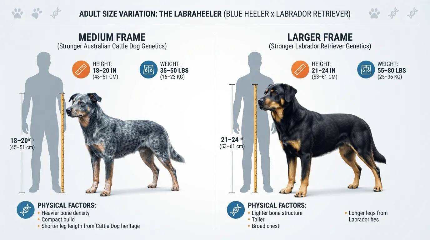 Comparison chart showing full-grown Blue Heeler Lab Mix height and weight range alongside a adult human for scale.