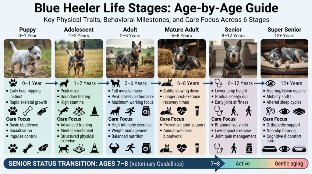 An age-by-age life stage timeline graphic for Blue Heelers from puppyhood to super senior, highlighting key physical traits, behavioral changes, and care milestones at every age.