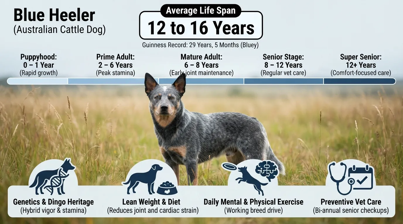 Infographic chart illustrating the average lifespan of a Blue Heeler, showing life expectancy ranges, life stages, and key health factors affecting longevity.