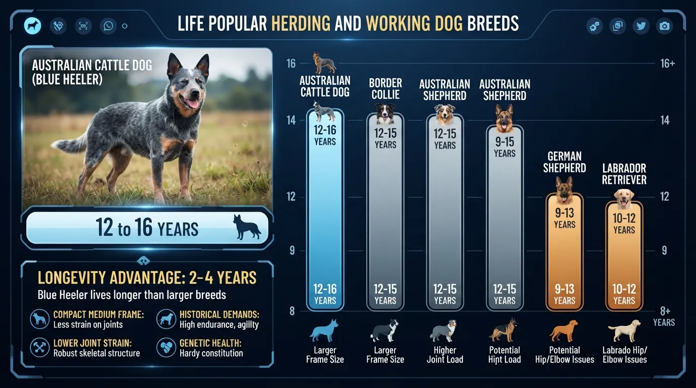 Comparison chart showing the average lifespan of a Blue Heeler versus other medium herding breeds, including Border Collies, Australian Shepherds, and German Shepherds.