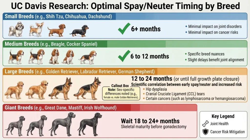 Infographic chart based on UC Davis research showing recommended spay and neuter ages across small, medium, large, and giant dog breeds to reduce joint disorder and cancer risks.