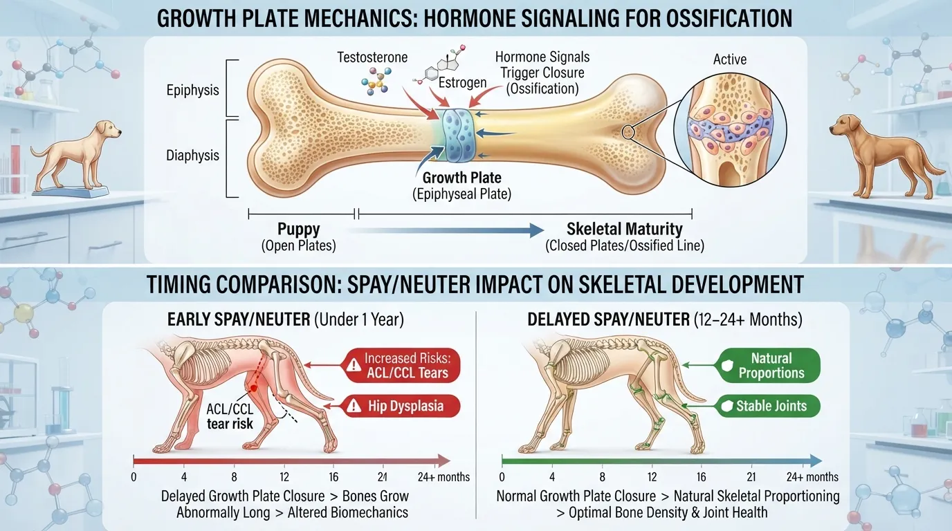 Diagram showing dog bone growth plate closure timeline compared to early versus delayed spay and neuter timing for puppies.