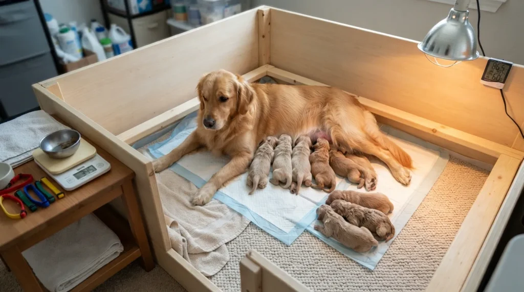 A mother Australian Shepherd resting inside a clean whelping box equipped with pig rails, keeping her newborn puppies warm under a regulated heat lamp while nursing.