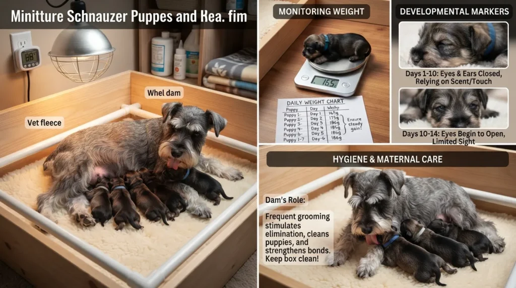 A mother Miniature Schnauzer nursing a litter of newborn puppies in a warm whelping box with a digital scale and warming lamp nearby.