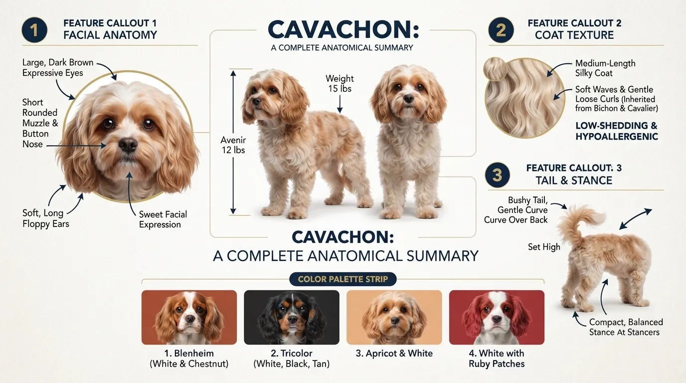 Comprehensive visual guide illustrating what a Cavachon looks like, showing its teddy bear face, soft wavy coat, compact 12-inch frame, floppy ears, and common coat colors.