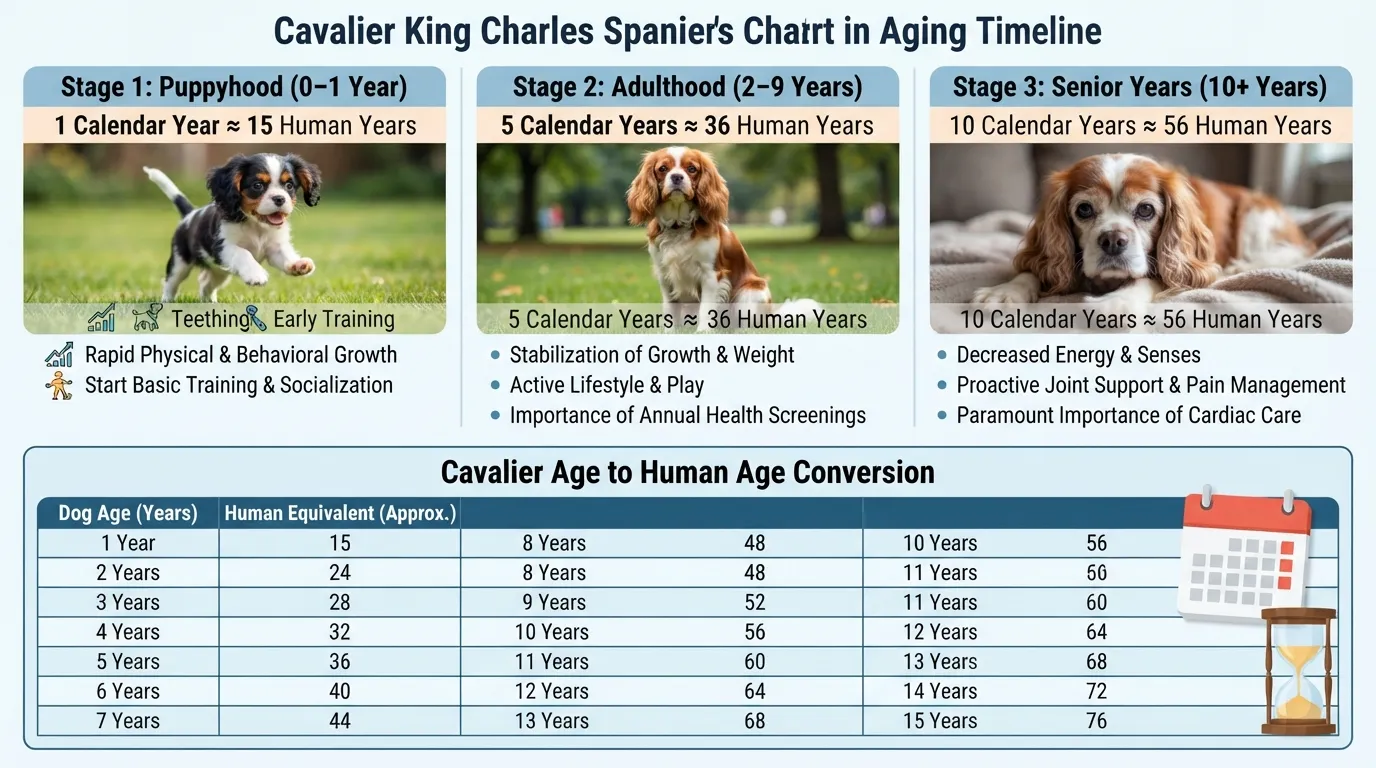 An infographic chart converting Cavalier King Charles Spaniel age to human years across puppy, adult, and senior life stages with age milestones.
