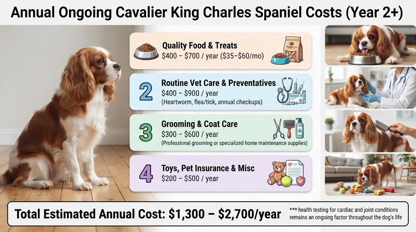 Infographic chart displaying average monthly and annual ongoing expenses for an adult Cavalier King Charles Spaniel, broken down by food, vet care, grooming, and preventative health after year one.