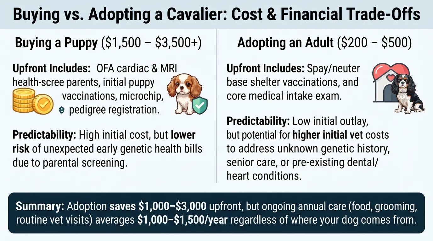 Side-by-side financial comparison chart breaking down upfront prices, hidden expenses, and long-term costs of buying a Cavalier King Charles Spaniel puppy from a breeder versus adopting an adult Cavalier from a rescue shelter.