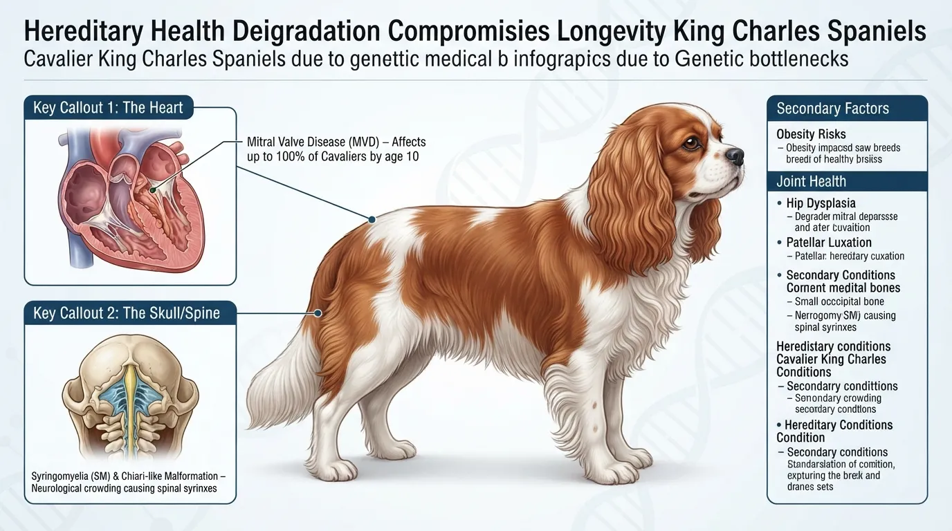 An educational infographic diagram detailing the primary genetic health conditions that shorten a Cavalier King Charles Spaniel's lifespan, highlighting anatomical points for Mitral Valve Disease in the heart and Syringomyelia in the skull.