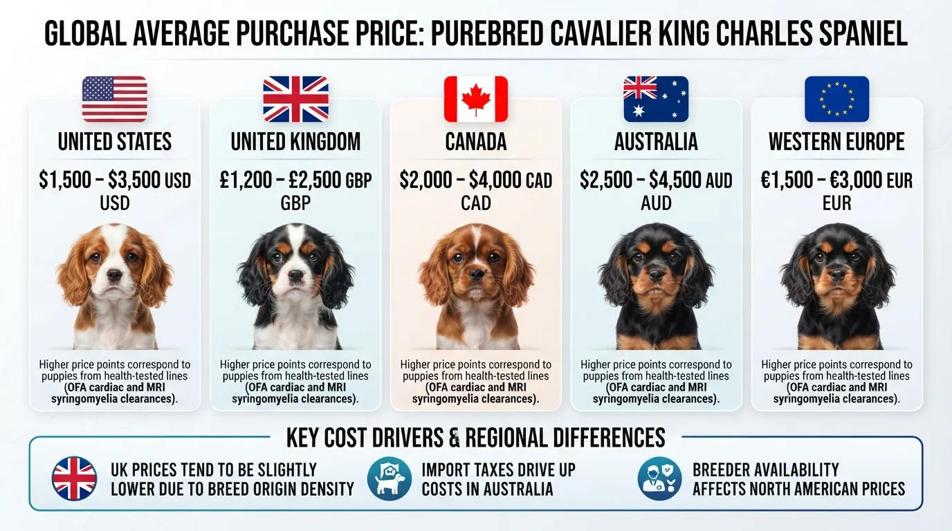 Global price comparison chart showing average Cavalier King Charles Spaniel puppy costs across the US, UK, Canada, Australia, and Europe in local currencies.