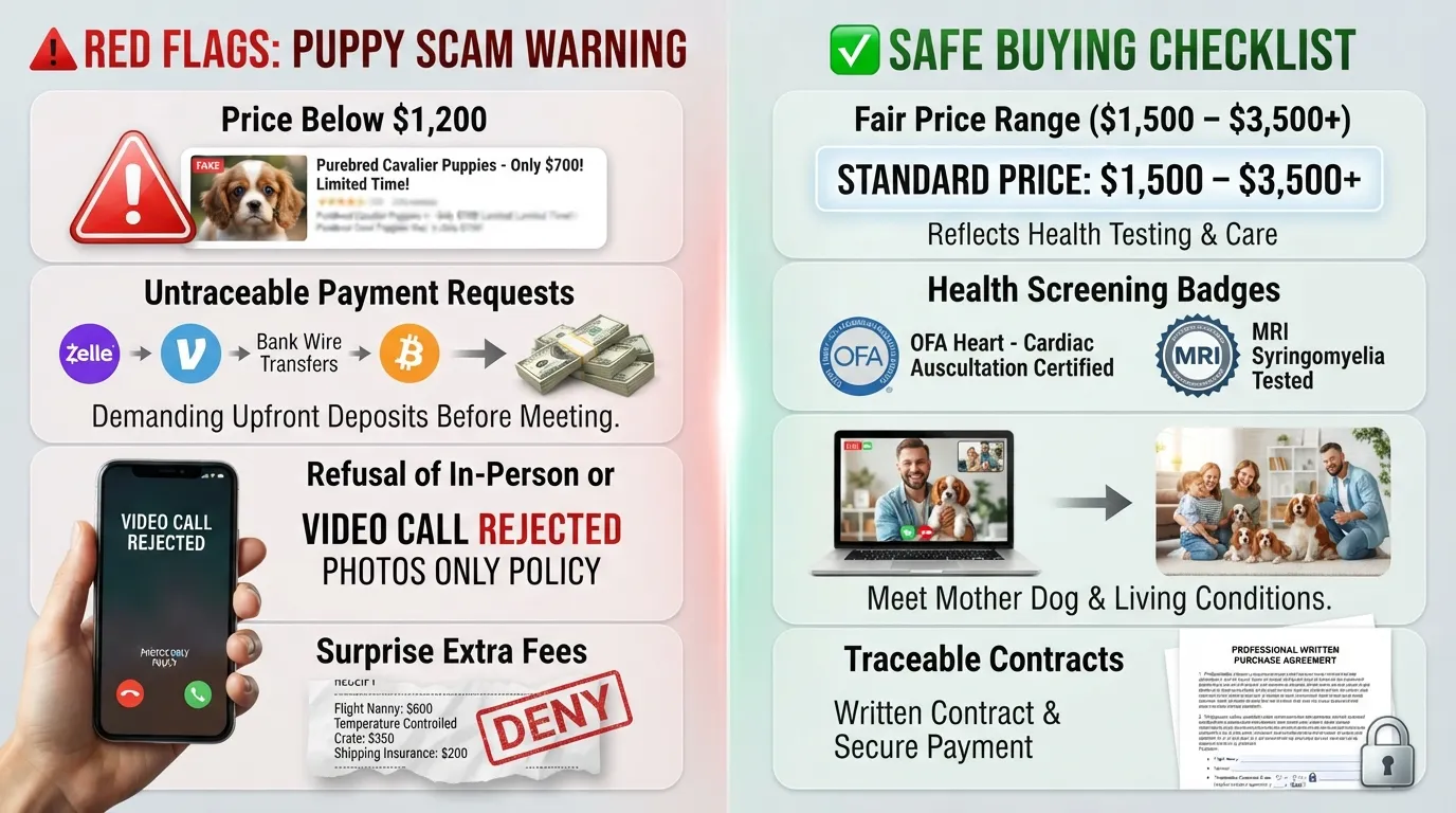 Infographic illustrating red flags when buying a Cavalier King Charles Spaniel puppy, contrasting scam warnings with legitimate ethical breeder practices.
