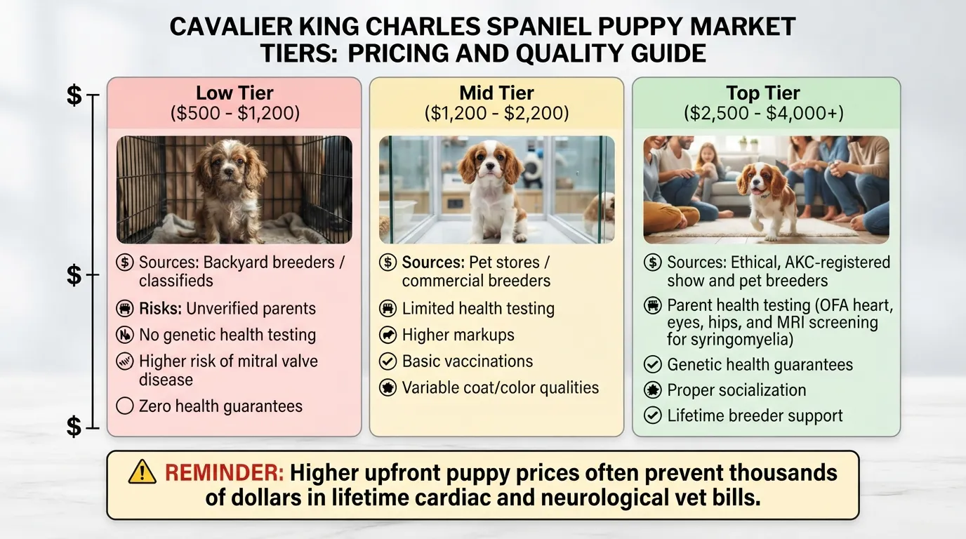 Cost comparison breakdown chart showing Cavalier King Charles Spaniel puppy price tiers from backyard breeders, pet stores, and health-tested ethical breeders.