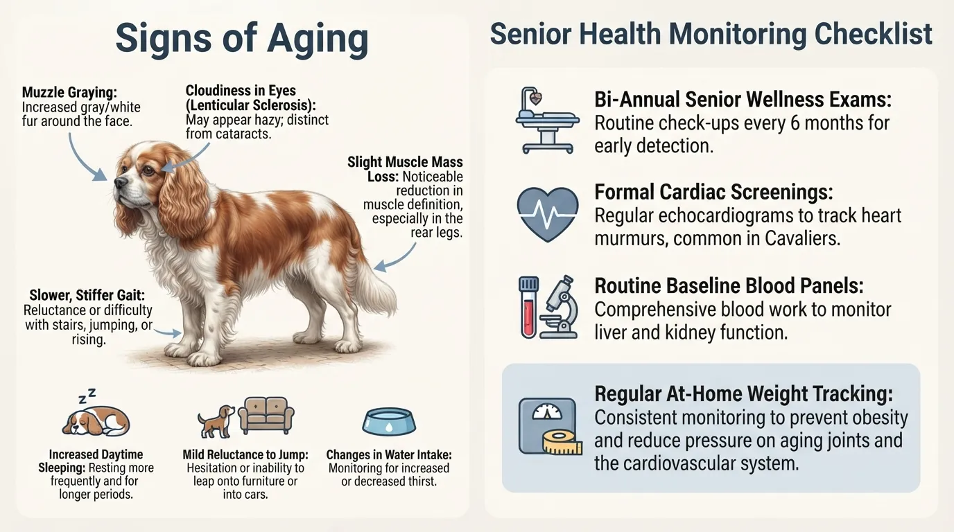 An educational infographic checklist illustrating common signs of aging in senior Cavalier King Charles Spaniels and key health monitoring steps, featuring clear icons for behavioral changes, graying fur, joint stiffness, and veterinary heart screenings.