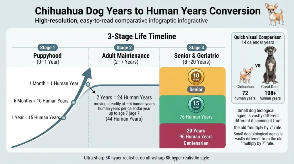 Infographic chart comparing Chihuahua age in dog years to human years from puppyhood to senior stage based on veterinary guidelines.