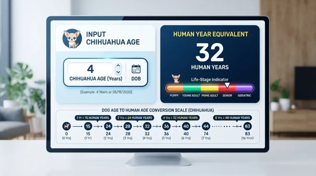 Interactive Chihuahua age calculator showing how to convert a Chihuahua's calendar age into biological human equivalent years.