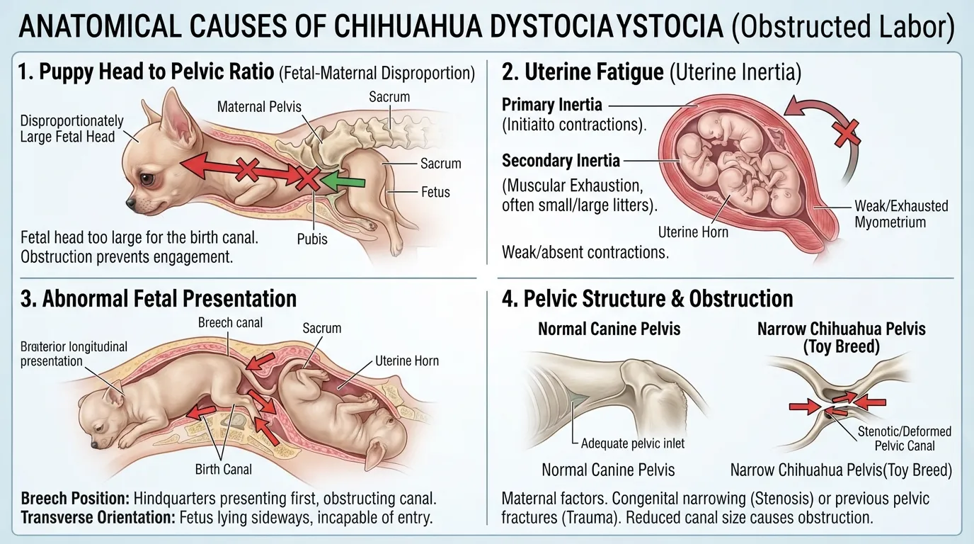 Medical anatomical chart showing why Chihuahuas experience dystocia during labor due to a narrow pelvic canal, large puppy head size, and uterine inertia.