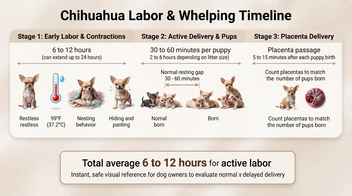 Comprehensive timeline diagram showing the three stages of Chihuahua labor, expected durations, and total birth time for a litter.