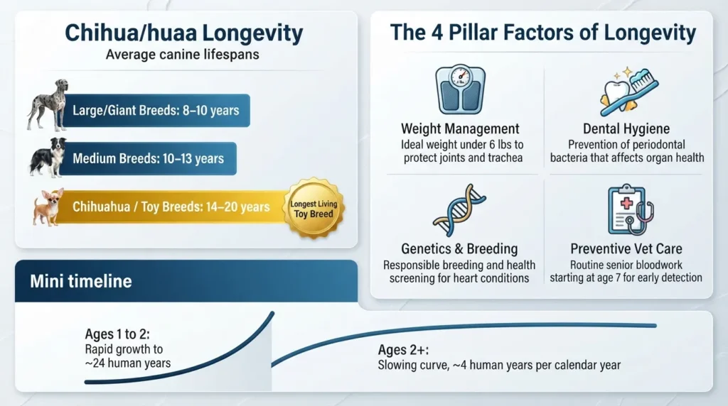 Infographic chart showing Chihuahua life expectancy of 14 to 20 years compared to average dog breeds, highlighting weight, dental health, genetics, and vet care as key factors.