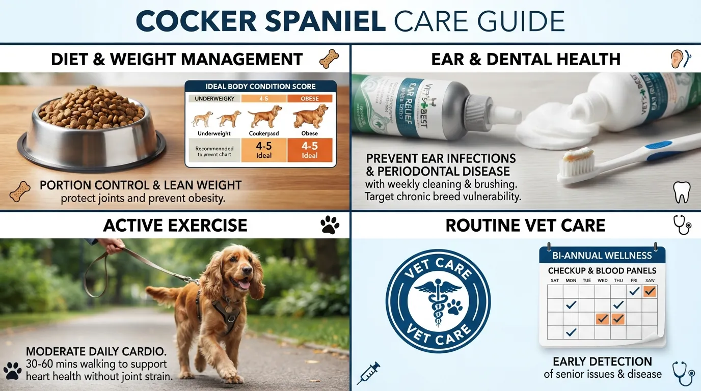 A detailed care checklist graphic titled "How to Help Your Cocker Spaniel Live Longer," highlighting proper diet, ear care, regular exercise, and routine vet checkups for optimal lifespan.