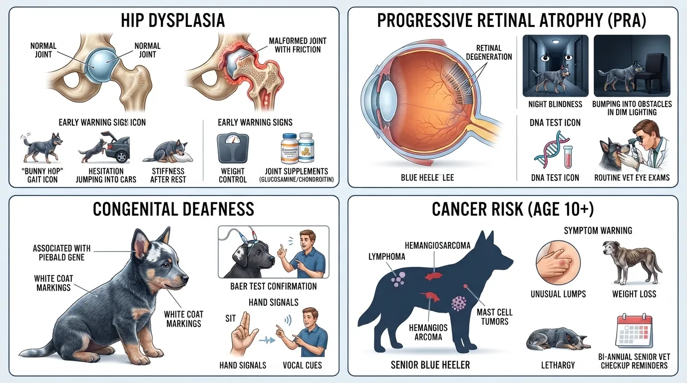Infographic diagram showing key Blue Heeler health conditions including hip dysplasia, progressive retinal atrophy, congenital deafness, and senior cancer risks.