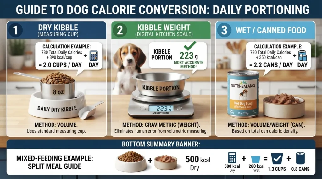 Infographic showing how to convert daily dog calories into food portions including measuring cups of dry kibble, digital kitchen scale weight in grams, and wet food cans.