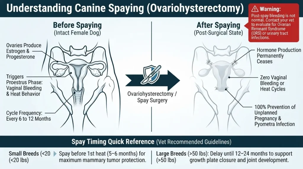 An infographic explaining if spaying stops a dog's period, illustrating the surgical removal of ovaries and uterus, permanent end of heat cycles, and medical timing guidelines for small versus large dog breeds.