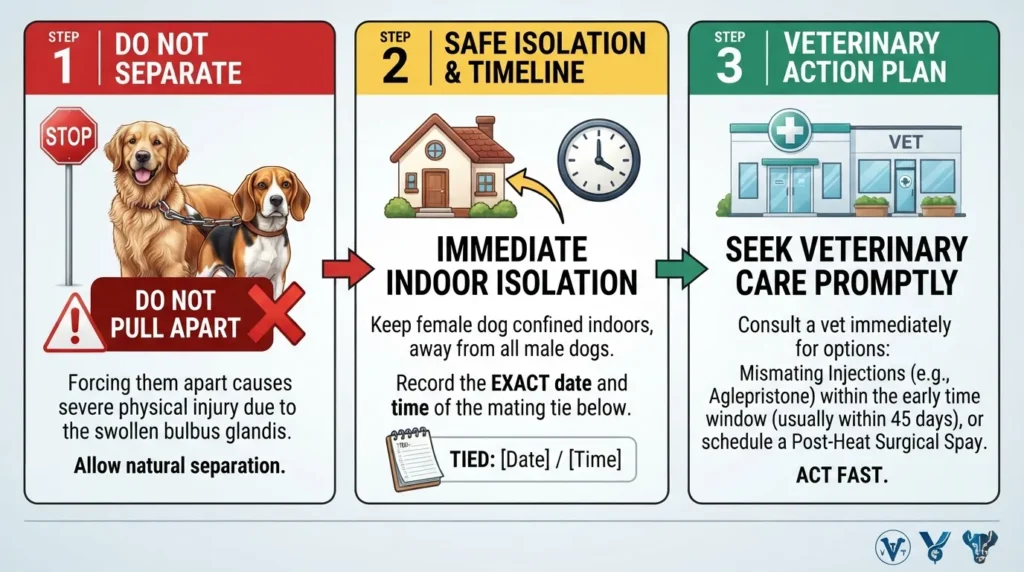 Diagram showing immediate emergency steps when a female dog in heat accidentally mates, including remaining calm during a tie and contacting a vet.
