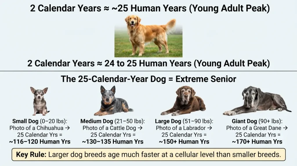 Comparison chart showing what 25 in dog years equals in human years across small, medium, large, and giant dog breed size categories.