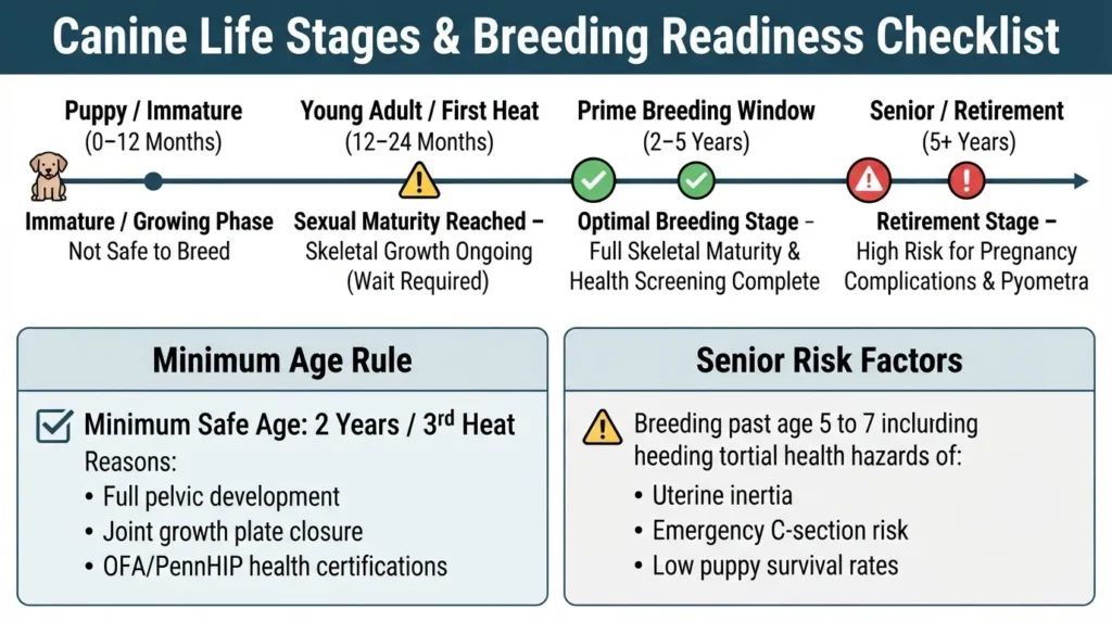 Comprehensive canine breeding stage guide chart showing dog life stages from puppyhood to senior age, highlighting minimum safe breeding age at 2 years old and senior retirement risks.