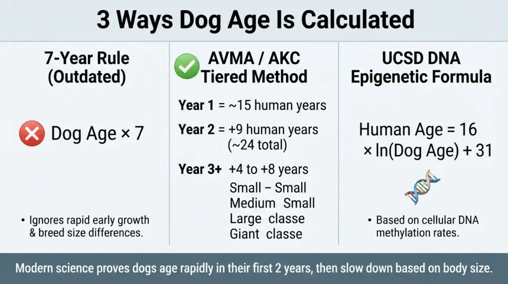 Comparison diagram showing the three dog age calculation methods: the outdated 7-year rule, the official AVMA size-tiered formula, and the UCSD DNA methylation scientific formula.