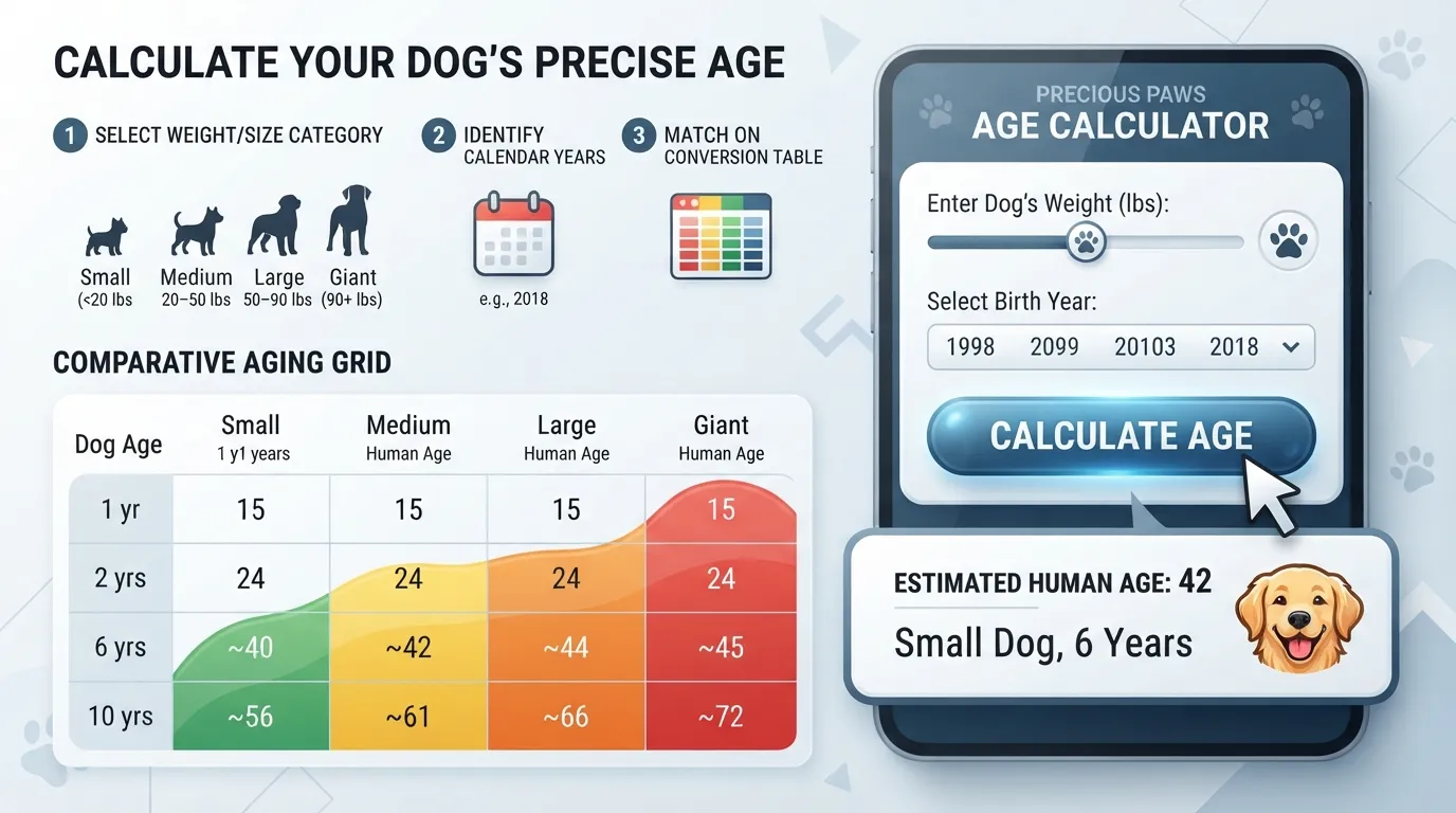 An easy-to-use dog age calculator chart comparing a dog's age in human years based on size and weight categories.
