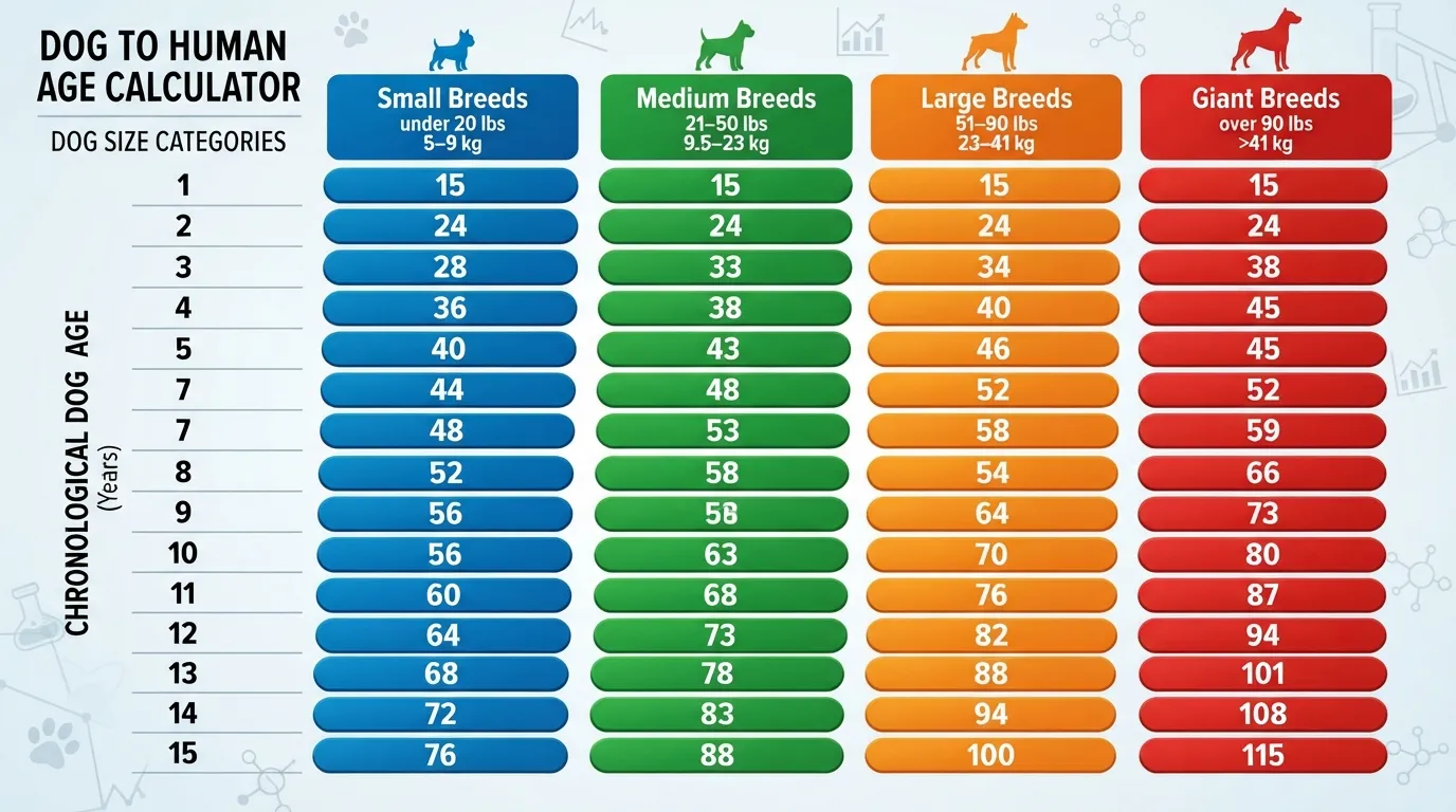 A comprehensive dog age calculator chart comparing dog years to human years based on small, medium, large, and giant dog breed sizes.