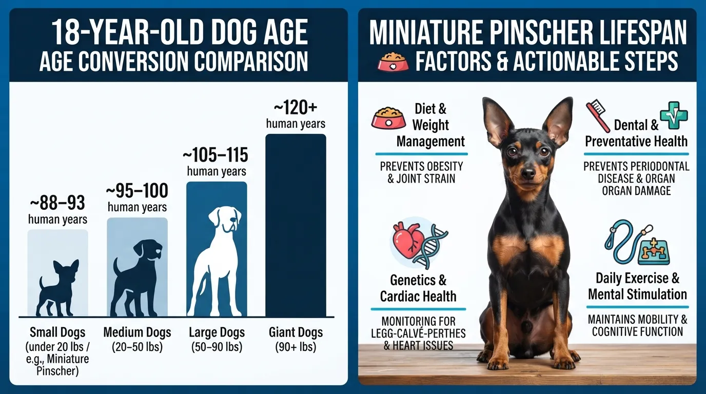 A comparative infographic chart showing how 18 dog years convert to human years across small, medium, large, and giant dog breeds, alongside key lifespan factors for a Miniature Pinscher.