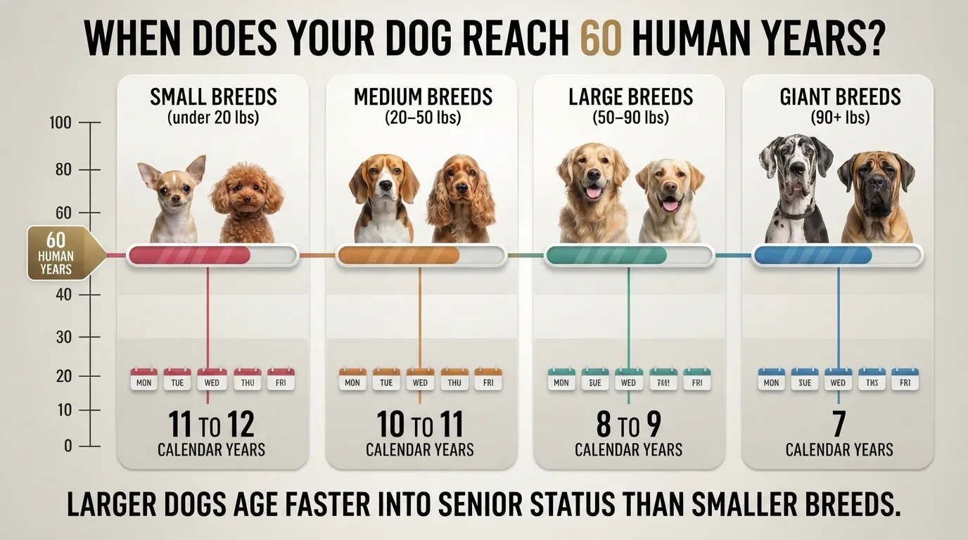 Dog age comparison chart showing when small, medium, large, and giant dog breeds reach 60 human years.
