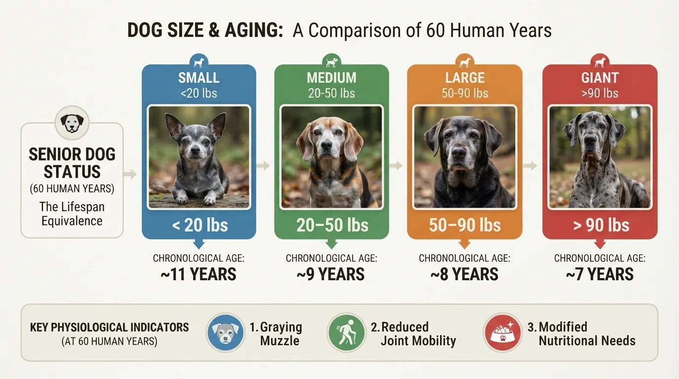 Infographic chart comparing dog ages to human years, highlighting the 60-year human equivalent across small, medium, and large dog breeds.