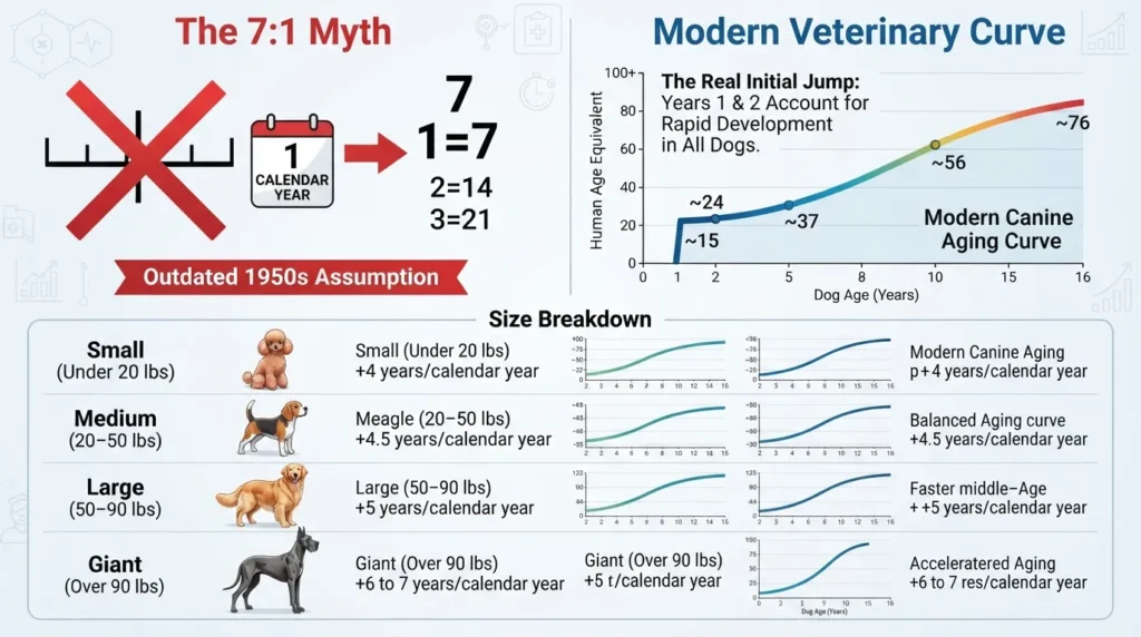 Infographic comparing the traditional 7-to-1 dog year formula with accurate veterinary age stages based on dog weight and size
