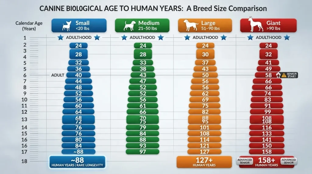 Comprehensive dog age conversion chart comparing dog years to human years for small, medium, large, and giant breed sizes up to 18 dog years.