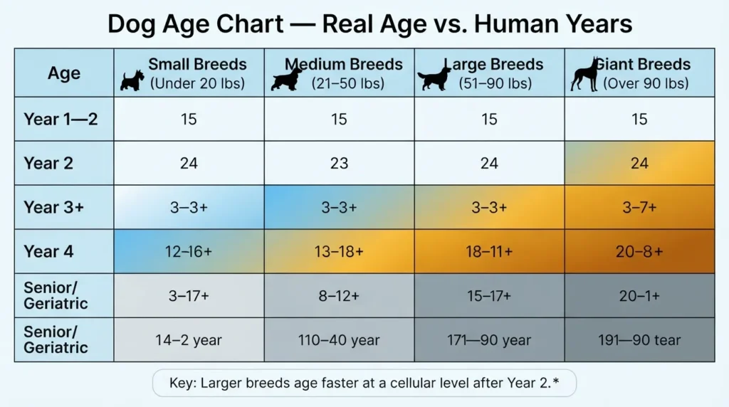 A detailed dog age chart comparing real canine calendar years to equivalent human years across small, medium, large, and giant breed weight categories.