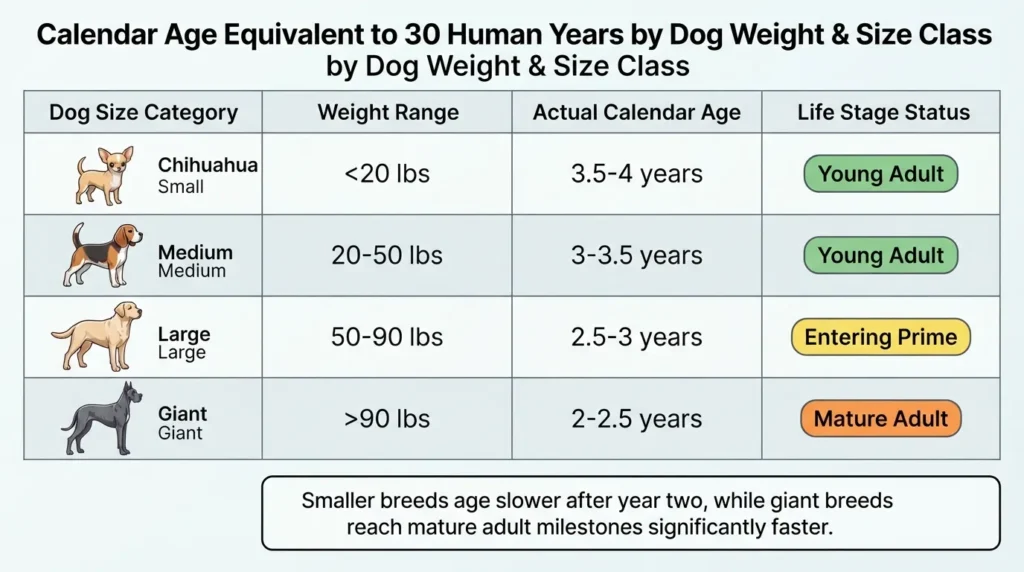 Comparison table chart showing how many real calendar years equal 30 human years across small, medium, large, and giant dog breed categories.