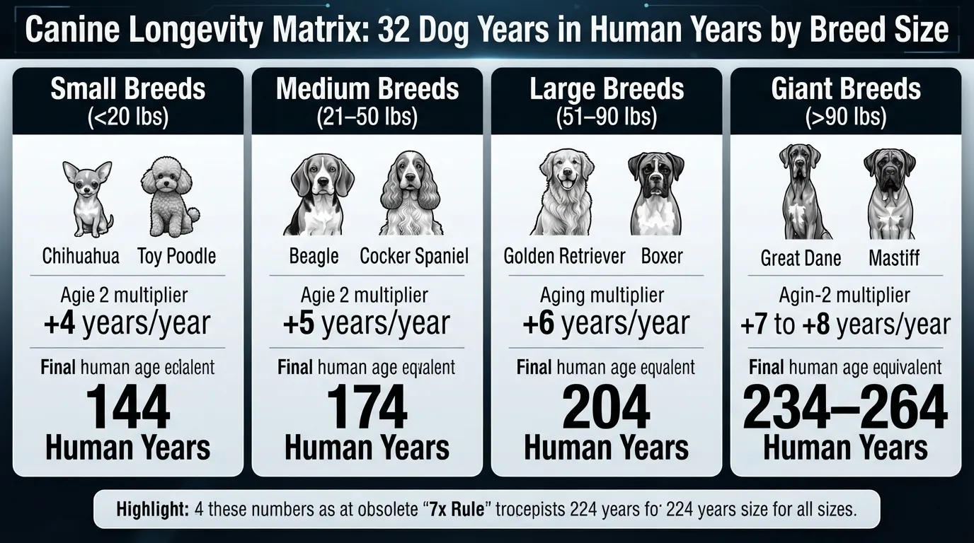 Comparison chart showing how 32 dog years translates to human age equivalents across small, medium, large, and giant breed sizes using veterinary aging formulas.
