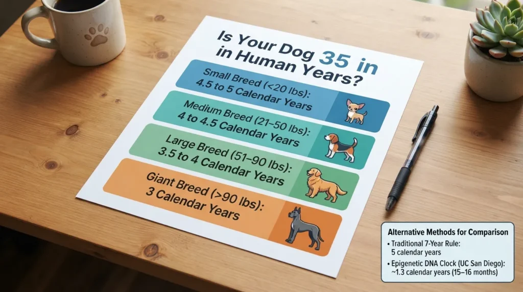 Comparison chart showing how different dog sizes reach 35 human years at different actual calendar ages