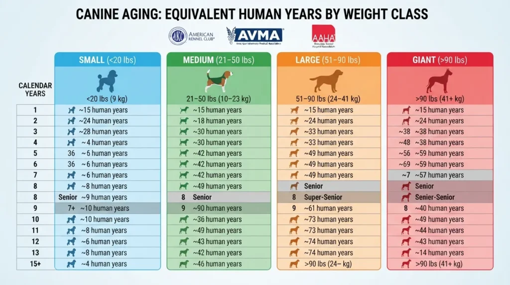 Comparison chart showing how small, medium, large, and giant dog breeds age in human years based on AKC, AVMA, and AAHA life stage guidelines.