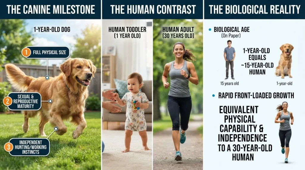 Side-by-side comparison chart contrasting a 1-year-old dog's rapid physical and reproductive maturity with the physical independence of a 30-year-old human adult.