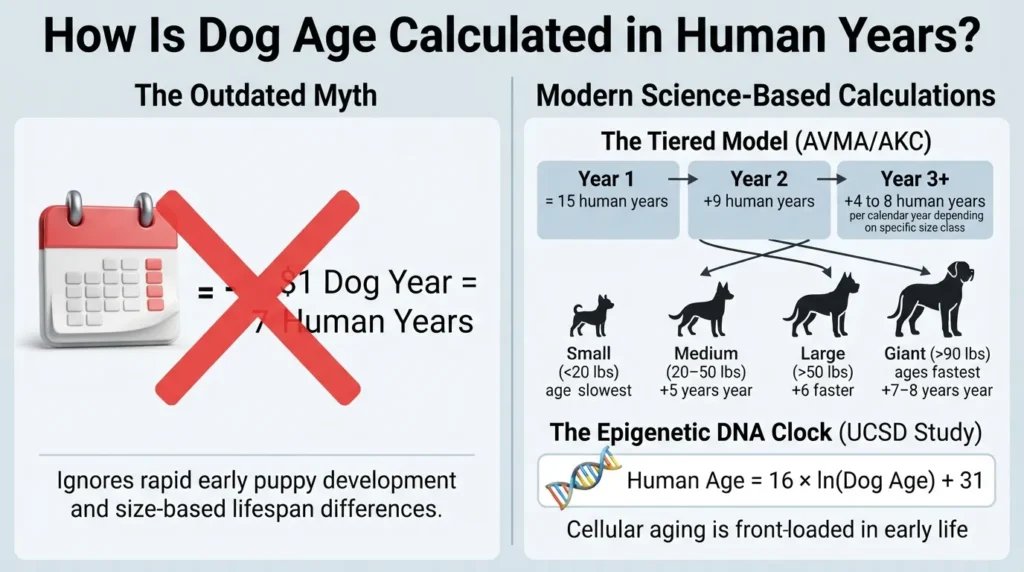 Comparison chart showing how to calculate a dog's age in human years based on body size, contrasting the traditional 7-year myth with modern AVMA tiered guidelines and DNA epigenetic models.