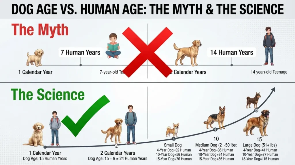 A side-by-side comparison chart debunking the seven dog years to one human year myth, showing the rapid aging curve of a puppy's first two years versus steadier aging in adulthood.